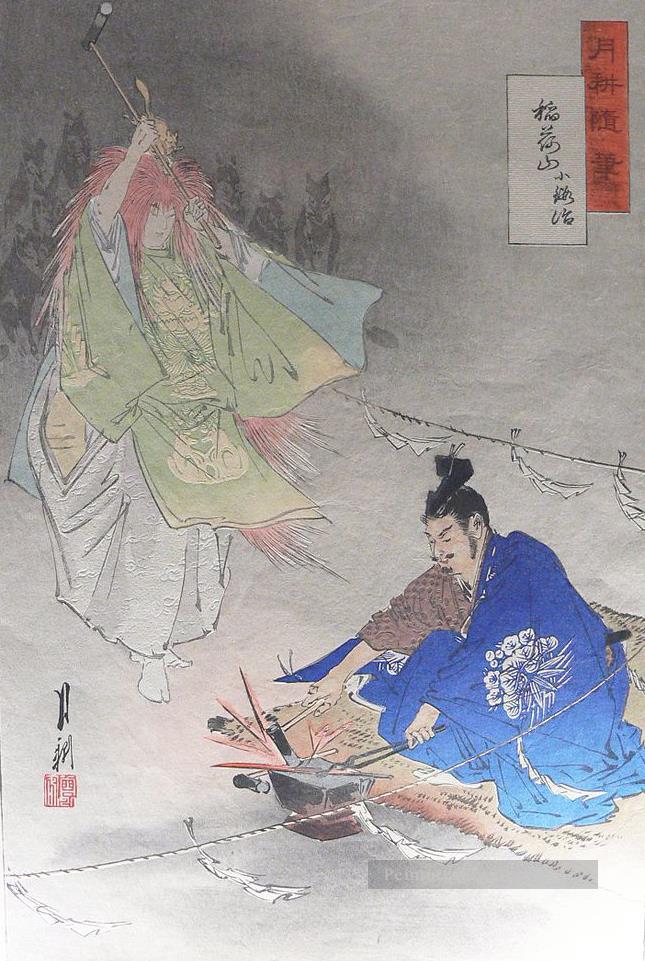 forgeron Munechika aidé par un esprit de renard forger la lame petit renard 1873 Ogata Gekko ukiyo e Peintures à l'huile